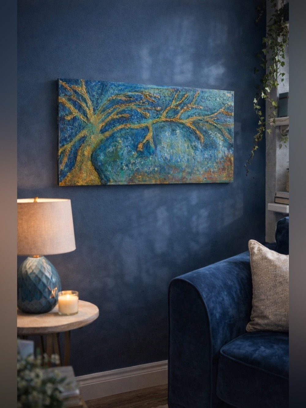 Original Abstract “Golden Branches” Textured Tree Canvas | Blue & Gold | 24x12